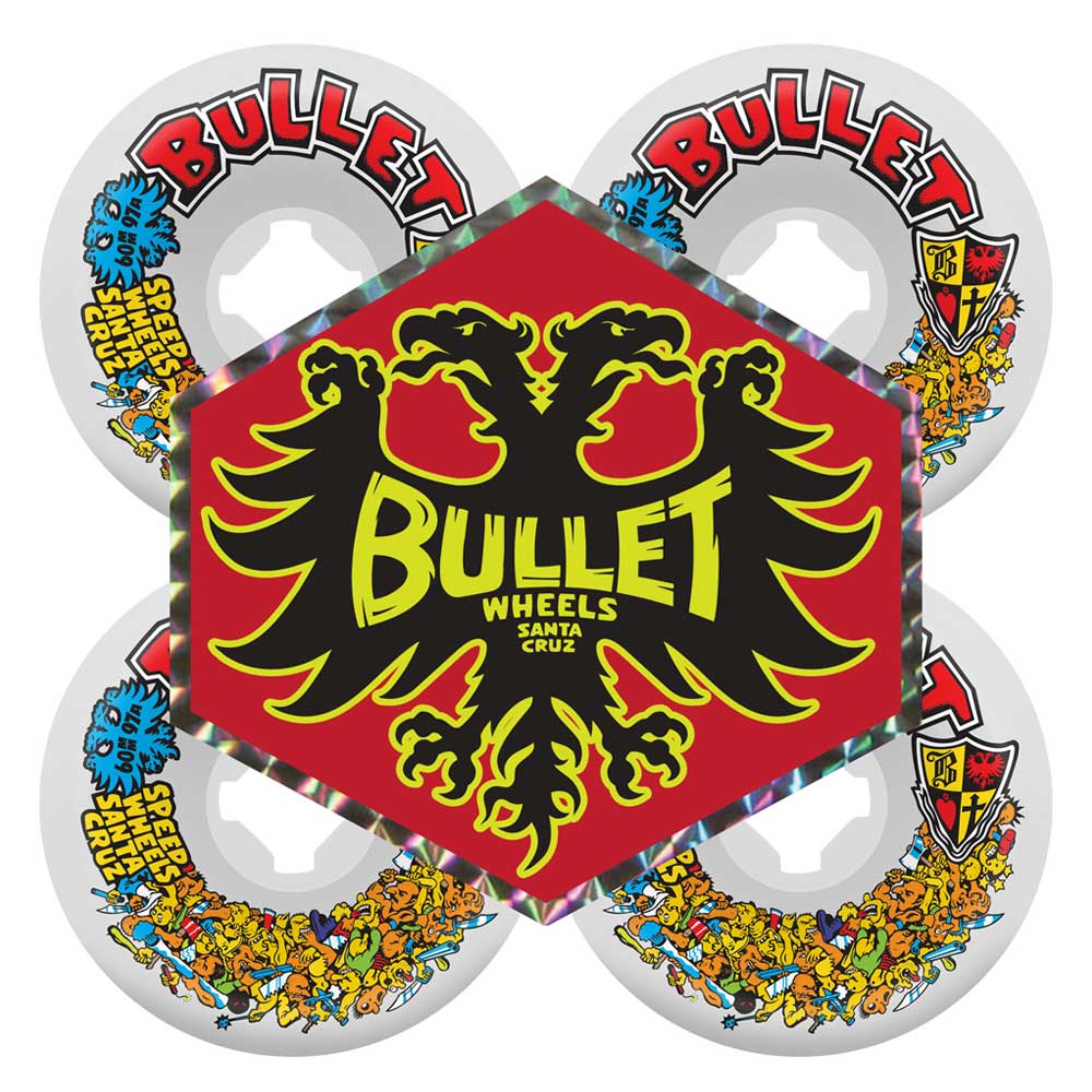 Set of four 60mm Bullet Riot Vomits White 97a Slime Balls Wheels, each with vibrant cartoon graphics and "BULLET" in red above a red hexagon with a yellow double-headed eagle—ideal for fans of Slime Balls Wheels.