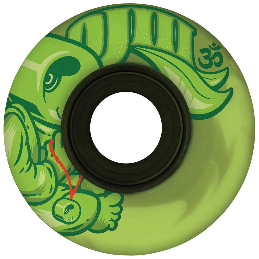 The 60mm Cru-Zen Super Juice Emerald Marble Swirl 78a OJ Wheel features a green marble design with a cartoon turtle holding a red string, leaf accents, and a green Om symbol on its shell.