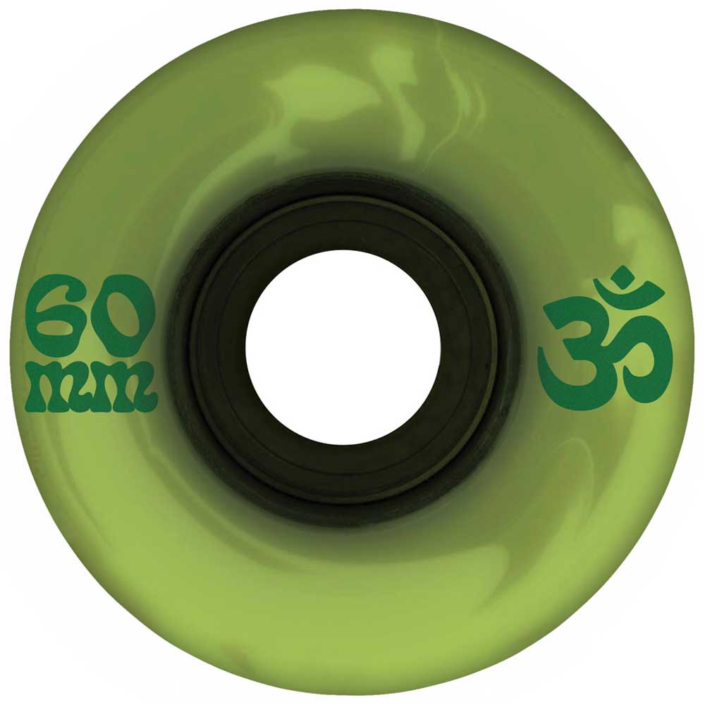 The 60mm Cru-Zen Super Juice Emerald Marble Swirl 78a OJ Wheel features a central mounting hole and displays a teal Om symbol on its green, marbled surface.