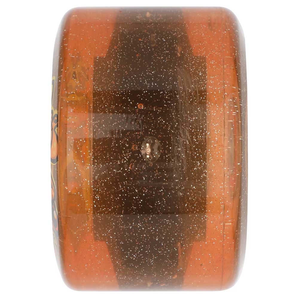A side view of the 60mm Frog Trips Light Ups OG Slime Red Glitter 78a Slime Balls Wheel, a translucent orange-red skateboard wheel with fine glitter throughout, inspired by the vibrant design of classic Slime Balls Light Up wheels.