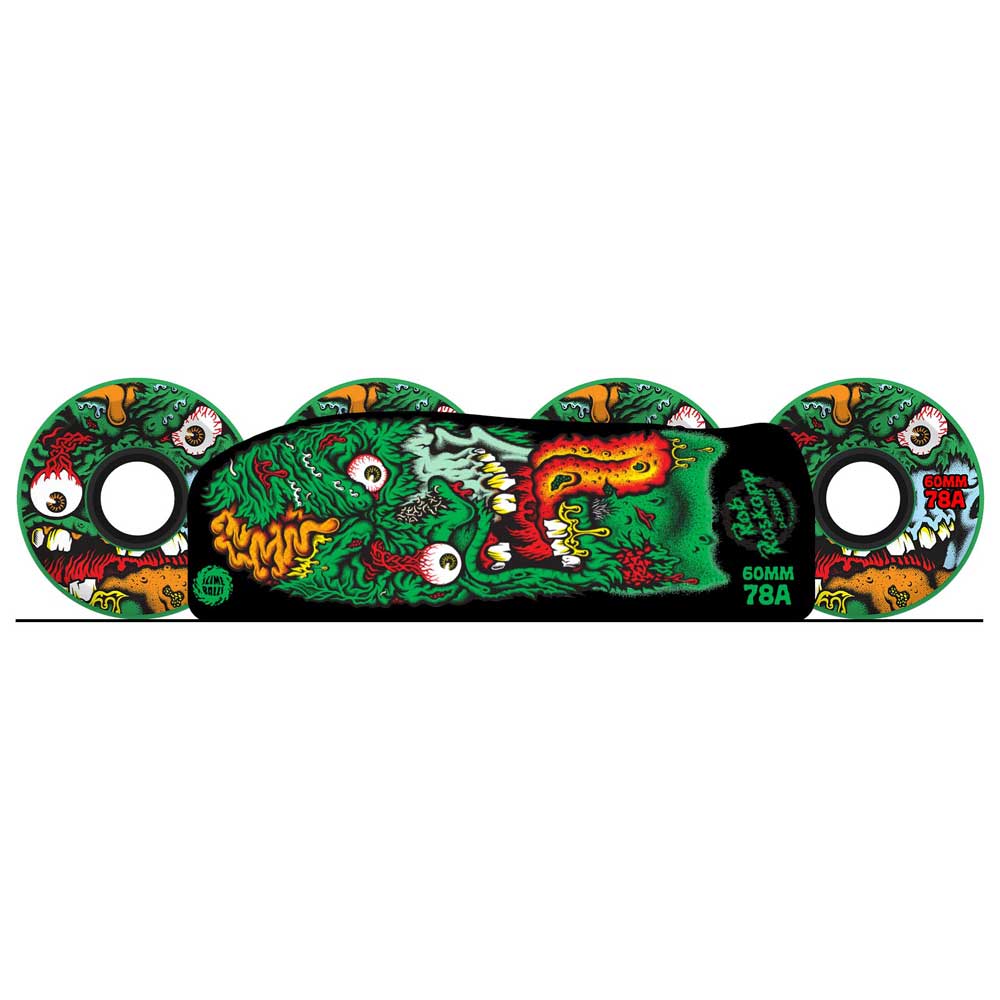 The 60mm Roskopp Face Two Reissue OG Slime Green 78a Slime Balls Wheels feature a grotesque monster face with sharp teeth and bulging eyes in green, yellow, orange, and red—labeled “60mm 78A” for smooth cruising and bold style.