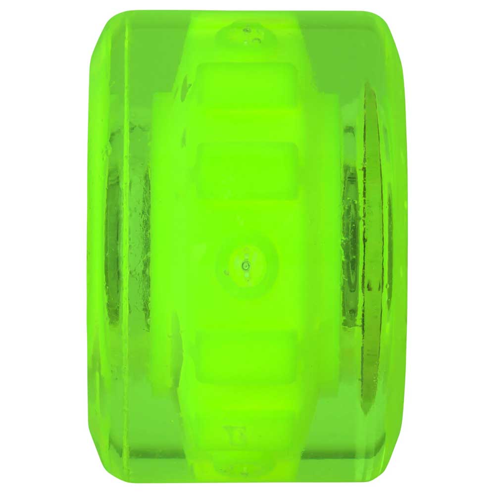 A translucent neon green 60mm 78a skateboard wheel with a ridged inner ring and smooth outer edges—just like the vibrant SB Cafe Light Ups OG Slime Green Slime Balls Wheels for your board.