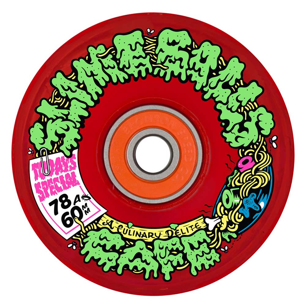 The 60mm SB Ice Light Ups OG Slime Red 78a Slime Balls Wheels feature green, slime-like Skate Sauce text, colorful noodle graphics with a fork and chopsticks, and a TUM YETO SPECIAL 60mm 78A label on the side.