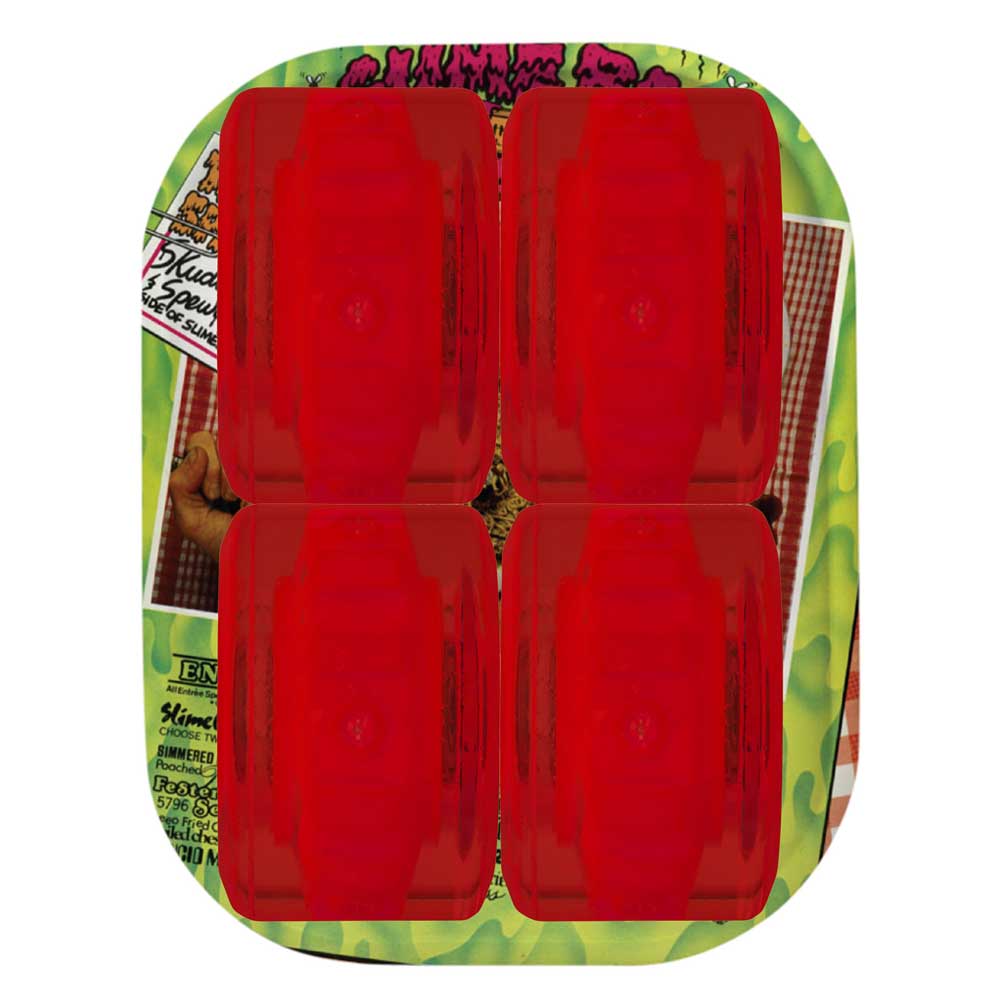 A pack of four red Jell-O cups sits atop a vibrant green and yellow background featuring 60mm SB Ice Light Ups OG Slime Red 78a Slime Balls Wheels graphics, with some text partially hidden by the cups.