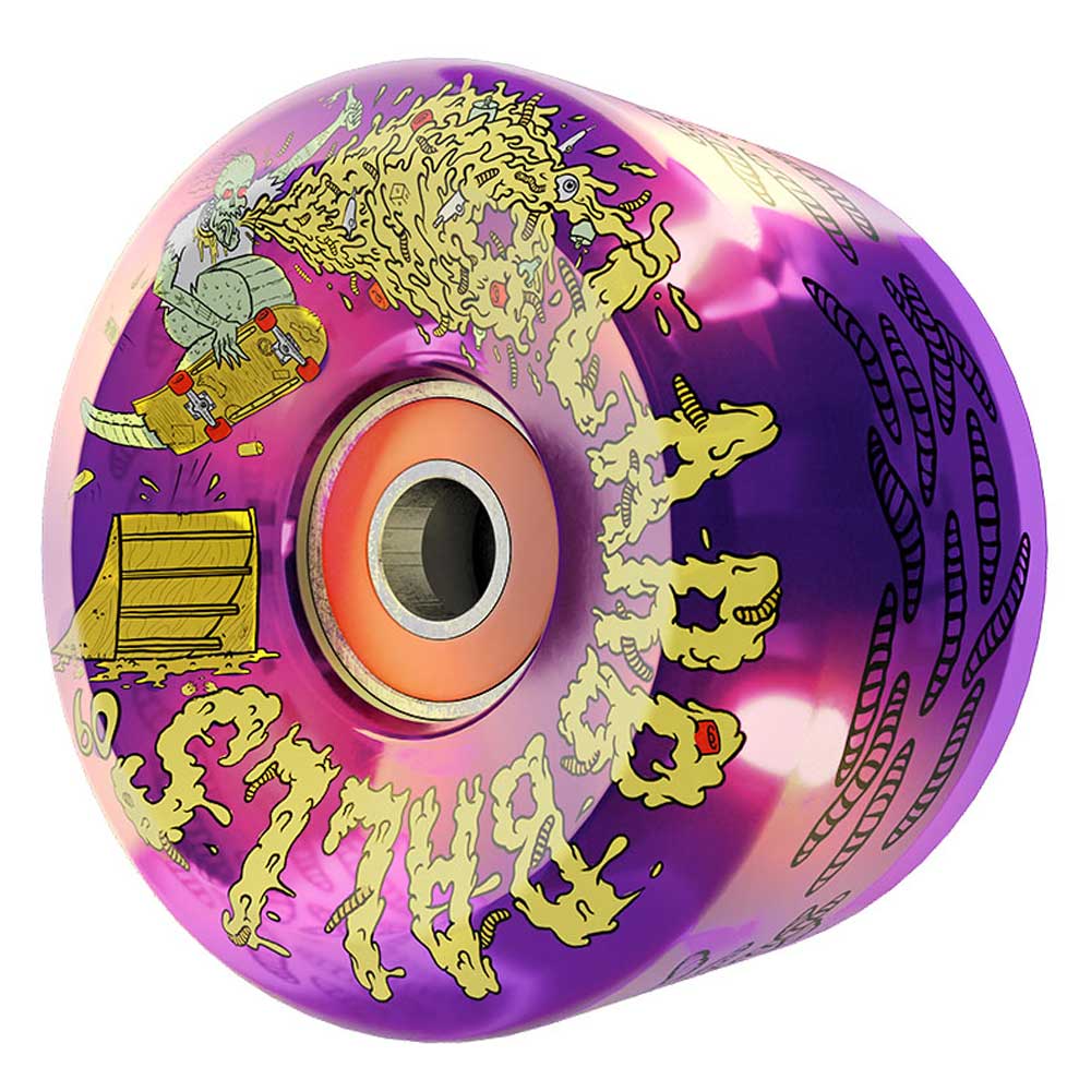 The 60mm Sam Hitz Light Ups OG Slime Purple 78a Slime Balls Wheels feature a vibrant purple design with yellow streaks, highlighted by cartoon artwork of a rat breathing fire at a wooden crate. “Slime Balls” appears in a dripping, slime-inspired font around the wheel, making these wheels stand out with their striking graphics and unique style.