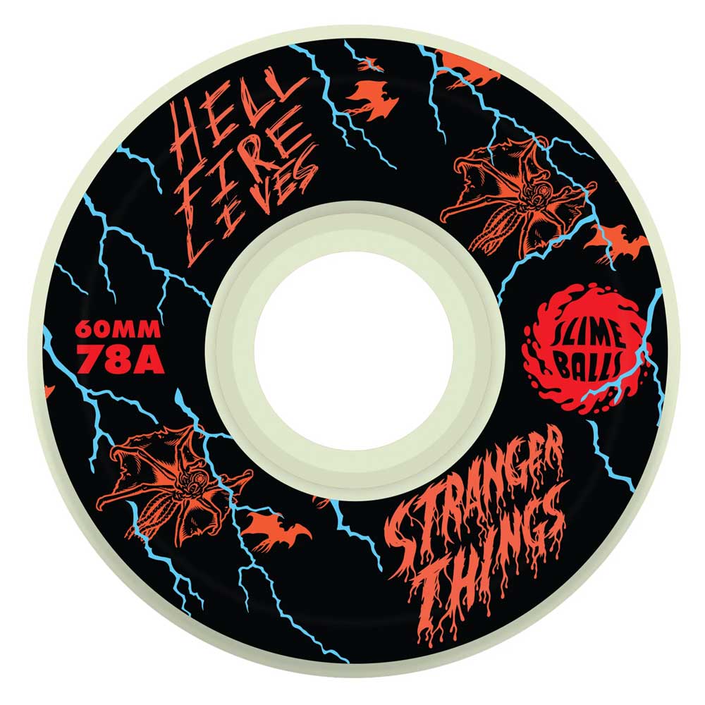 The 60mm Stranger Things Meek Slasher Eddie OG Slime GITD 78a Slime Balls Wheels feature bats, lightning bolts, and a demogorgon on red wheels with Hellfire Eyes—perfect for fans of supernatural style and epic adventures.