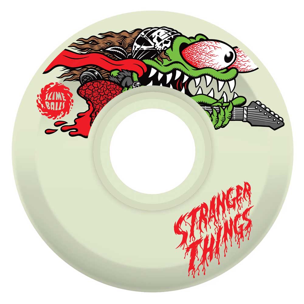 The 60mm Stranger Things Meek Slasher Eddie OG Slime GITD 78a Slime Balls Wheels feature a cartoon monster with sharp teeth, red eyes, and wild hair playing guitar, plus bold red SLIME BALLS and STRANGER THINGS logos for a wild retro vibe.
