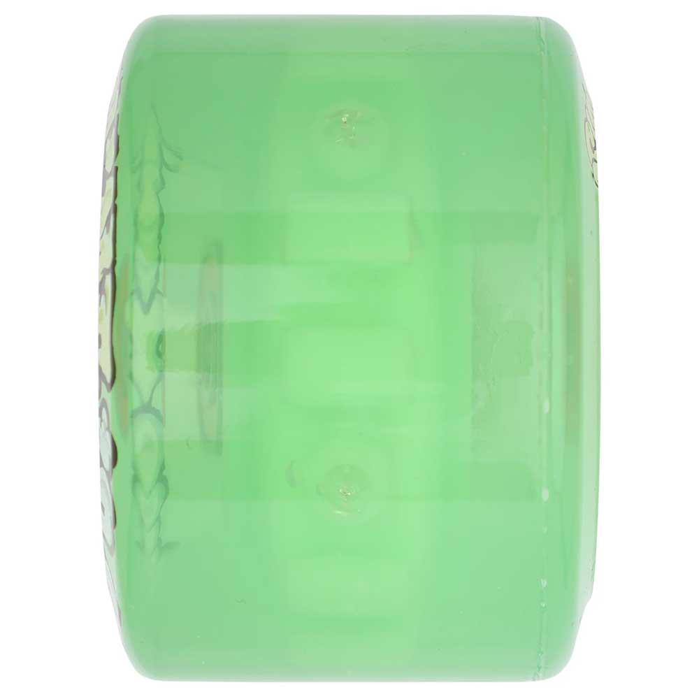 A 66mm Accelerator Light Ups OG Slime Transparent Green 78a Slime Balls wheel is shown from the side, featuring a smooth surface and rounded edges—ideal for anyone wanting glow-in-the-dark skateboard wheels.