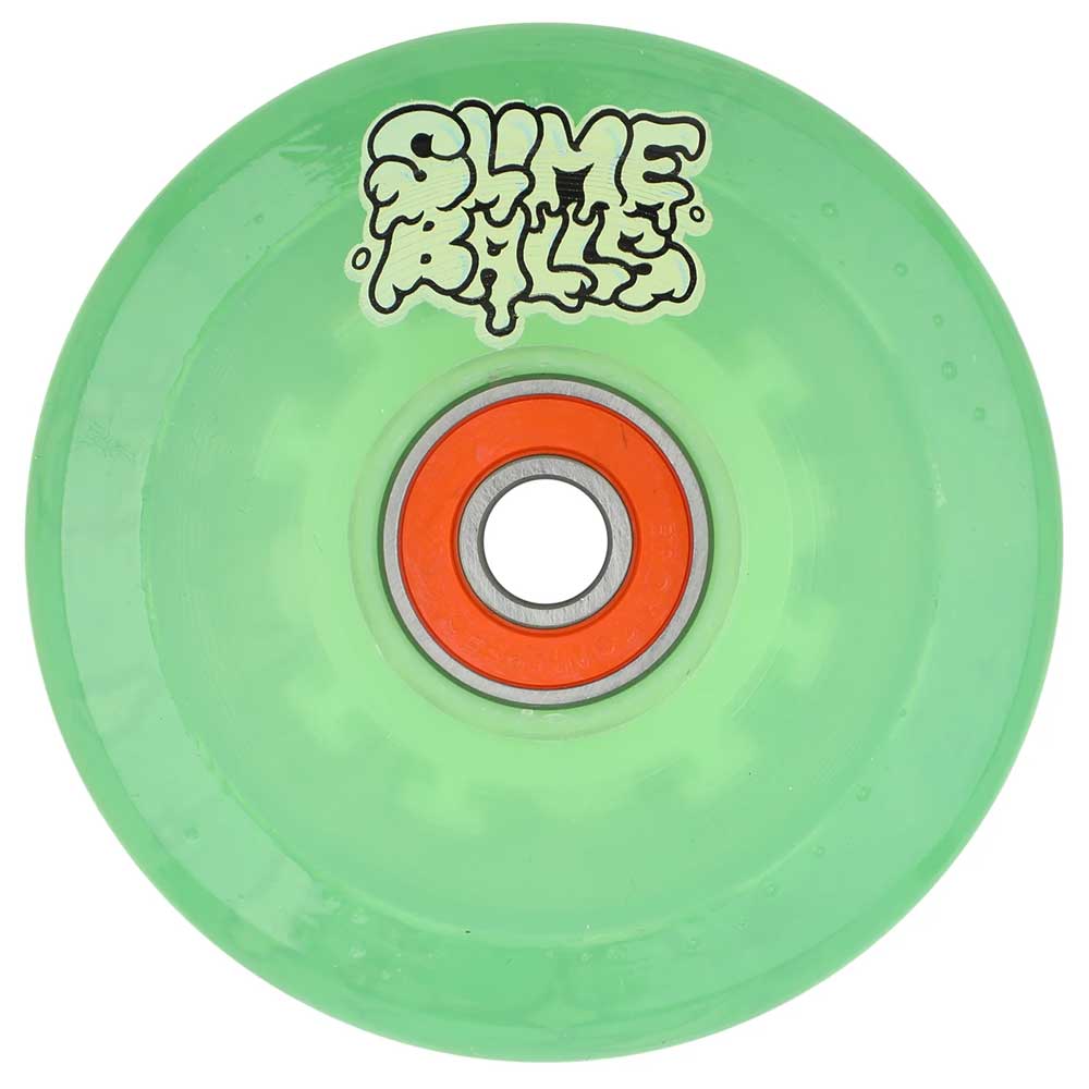 The 66mm Accelerator Light Ups OG Slime Transparent Green 78a Slime Balls Wheels glow in the dark, featuring a red center bearing and “Slime Balls Light Ups” in gooey white font—adding flair to your skateboard ride.