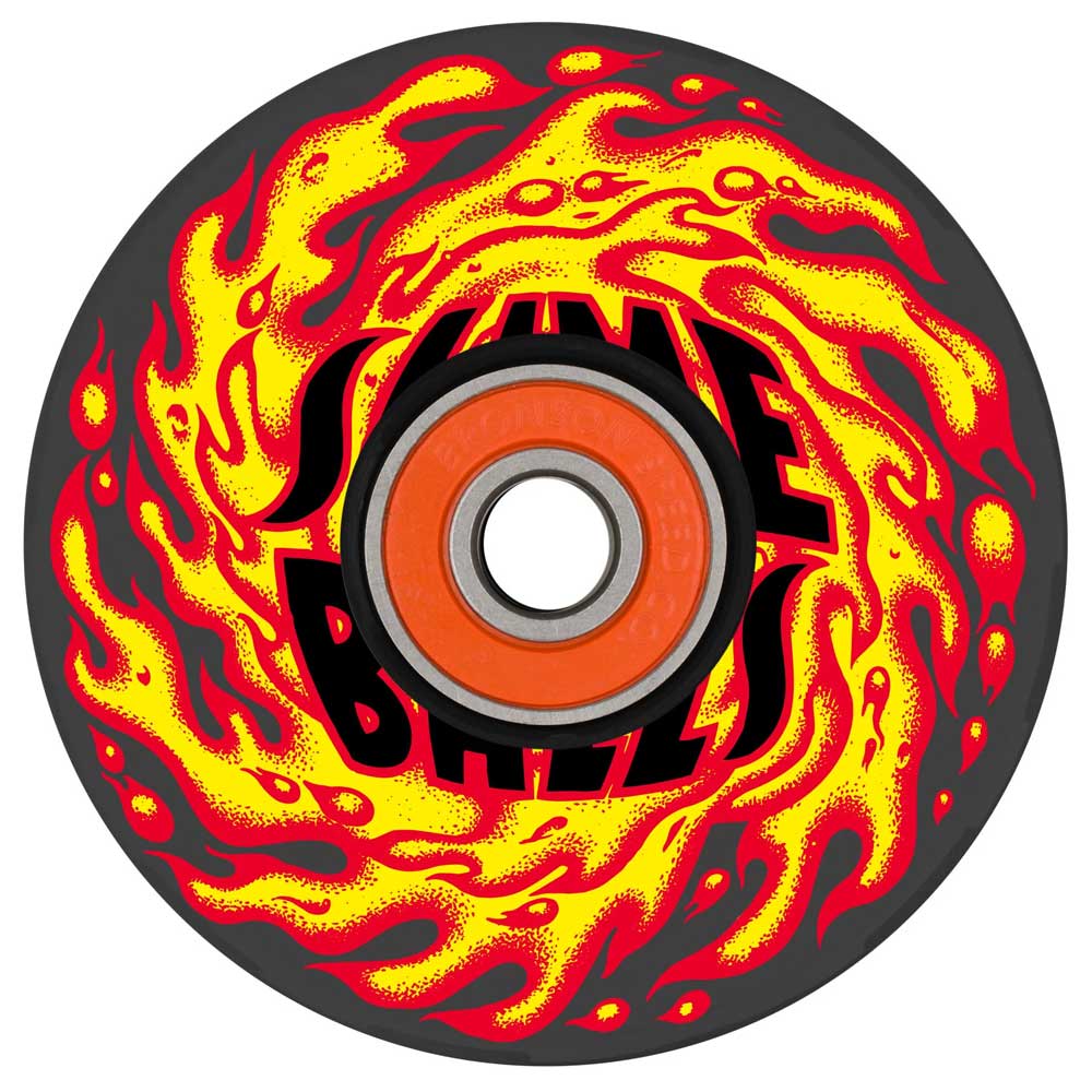 The 66mm Flame Light Ups OG Slime Black 78a Slime Balls Wheels feature bold yellow and red flames around black "SLIME BALLS Light Ups" lettering, crafted from 78a urethane with an orange and silver center bearing.