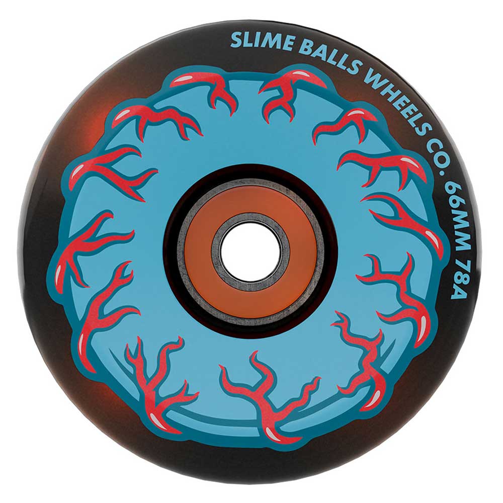Check out the 66mm Prayer Candle Light Ups OG Slime Transparent Black 78a Slime Balls Wheels—featuring a blue and red eyeball graphic and “SLIME BALLS WHEELS CO. 66MM 78A” printed along the edge, these LED skateboard wheels light up your ride with vibrant color and fun. Perfect as 78a cruiser wheels, their smooth roll and eye-catching style make a statement on any deck.