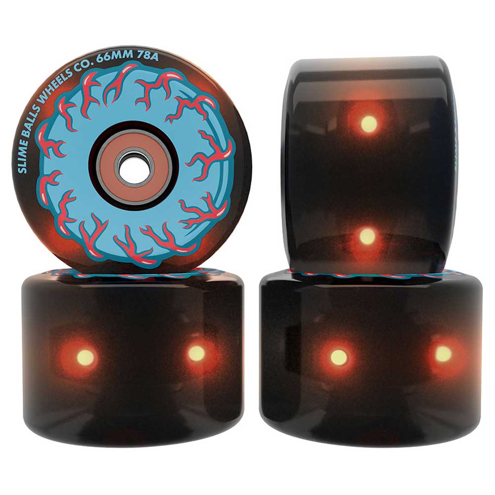 Four 66mm Prayer Candle Light Ups OG Slime Transparent Black 78a Slime Balls Wheels, featuring a side design with blue slime and red veins around the bearing hole. The cruiser wheels showcase an orange glowing LED effect in the center. Text reads: SLIME BALLS WHEELS CO. 66MM 78A.