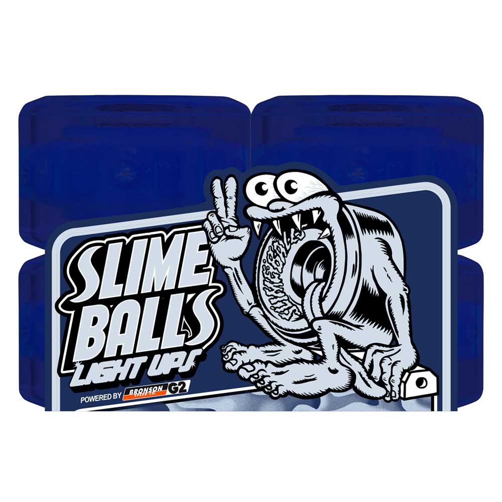 The 66mm SB Ice Light Ups OG Slime Blue 78a Slime Balls Wheels feature a cartoon slime creature flashing a peace sign atop a bearing. With eye-catching flair and SLIME BALLS LIGHT UPS packaging, these wheels combine style and fun.