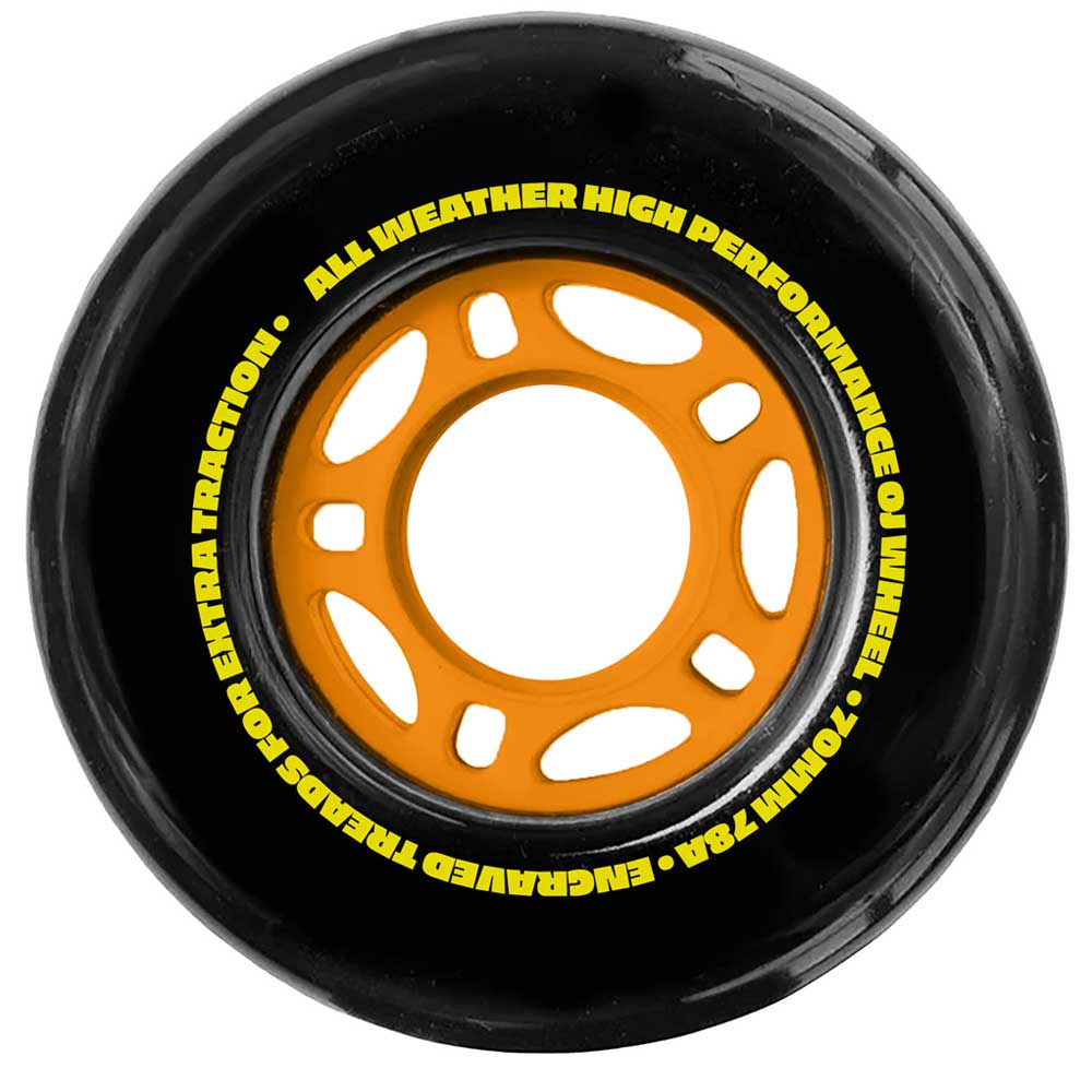 The 70mm Dirt Tires Thunder Juice Black 78a OJ Wheels has a black body, orange center hub, engraved tread for extra traction, and yellow ALL WEATHER HIGH PERFORMANCE OJ WHEEL 70MM 78A text around the tire.
