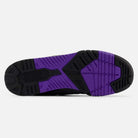 The image shows the outsole of the 770VWX Grey Olive Purple New Balance Numeric Suede Skateboarding Shoe, mainly black with purple accents, court-stable geometric tread patterns, and an X1 SERIES label on the left side.