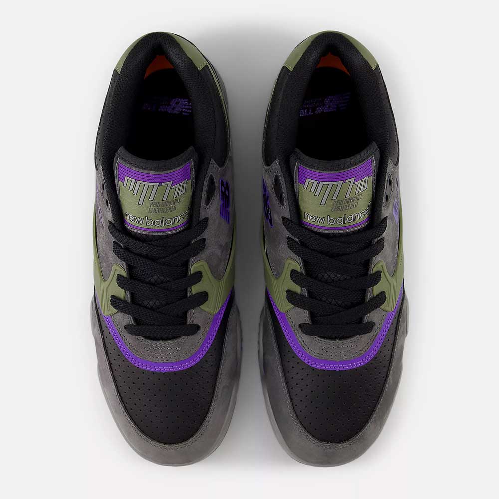 A pair of 770VWX Grey Olive Purple New Balance Numeric suede skateboarding shoes viewed from above, featuring black, olive green, and purple accents, perforated toes, and New Balance logos on the tongue and side.