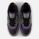 A pair of 770VWX Grey Olive Purple New Balance Numeric suede skateboarding shoes viewed from above, featuring black, olive green, and purple accents, perforated toes, and New Balance logos on the tongue and side.