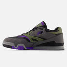 The 770VWX Grey Olive Purple New Balance Numeric Suede Skateboarding Shoes feature gray suede, olive and purple accents, black details, and a black-gray rubber sole for court stability, all shown in a stylish side profile on white.