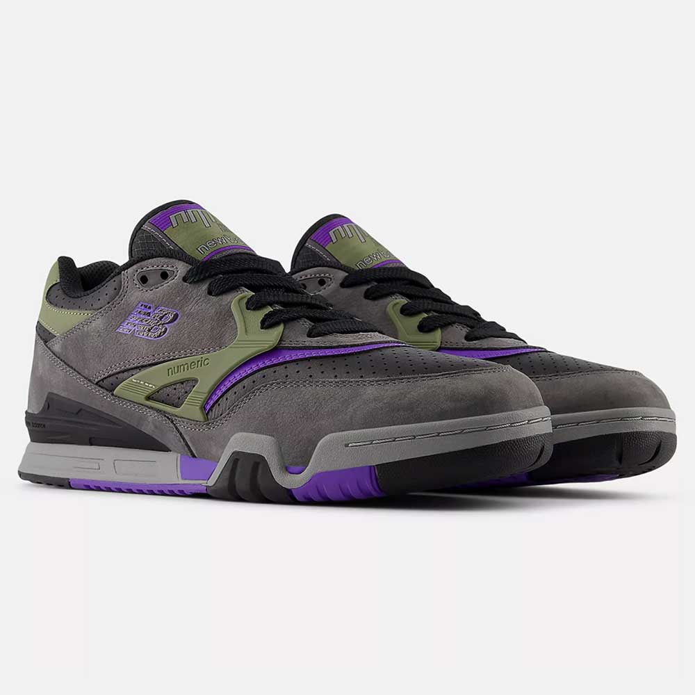 A pair of 770VWX Grey Olive Purple New Balance Numeric Suede Skateboarding Shoes, featuring black laces, olive and purple accents, and a chunky sole, are side by side on a white background. Designed for style and court stability.