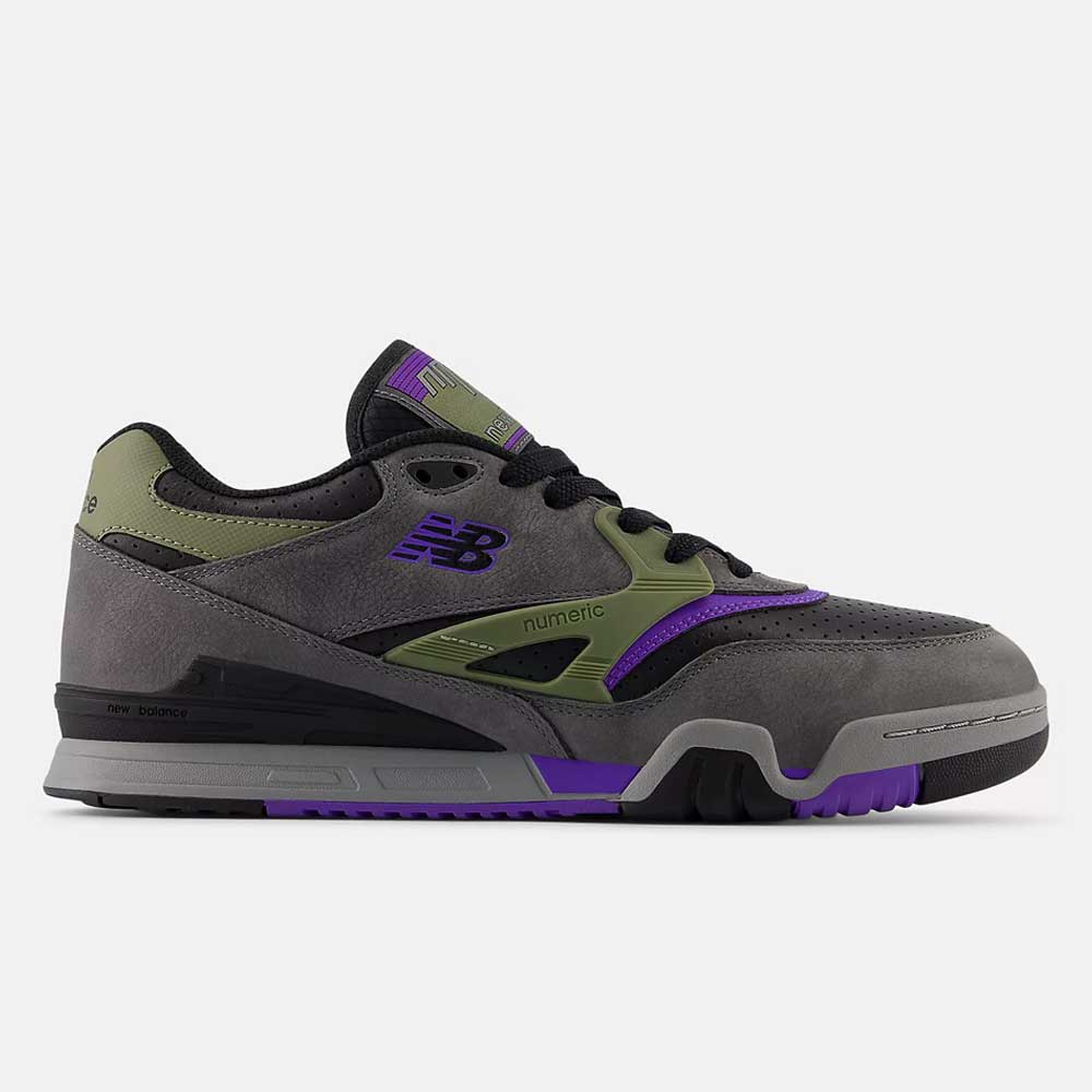 The 770VWX Grey Olive Purple New Balance Numeric Suede Skateboarding Shoes feature a gray suede upper with olive green and purple accents, black laces, and a black/purple outsole. The NB logo adds style and stability for skateboarding performance.