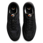 Top view of 909096002 Black Vivid Orange FC Classic Nike SB suede skateboarding shoes with black laces, soles, and Nike SB logo, plus vivid orange accents on the comfy Solarsoft insole.