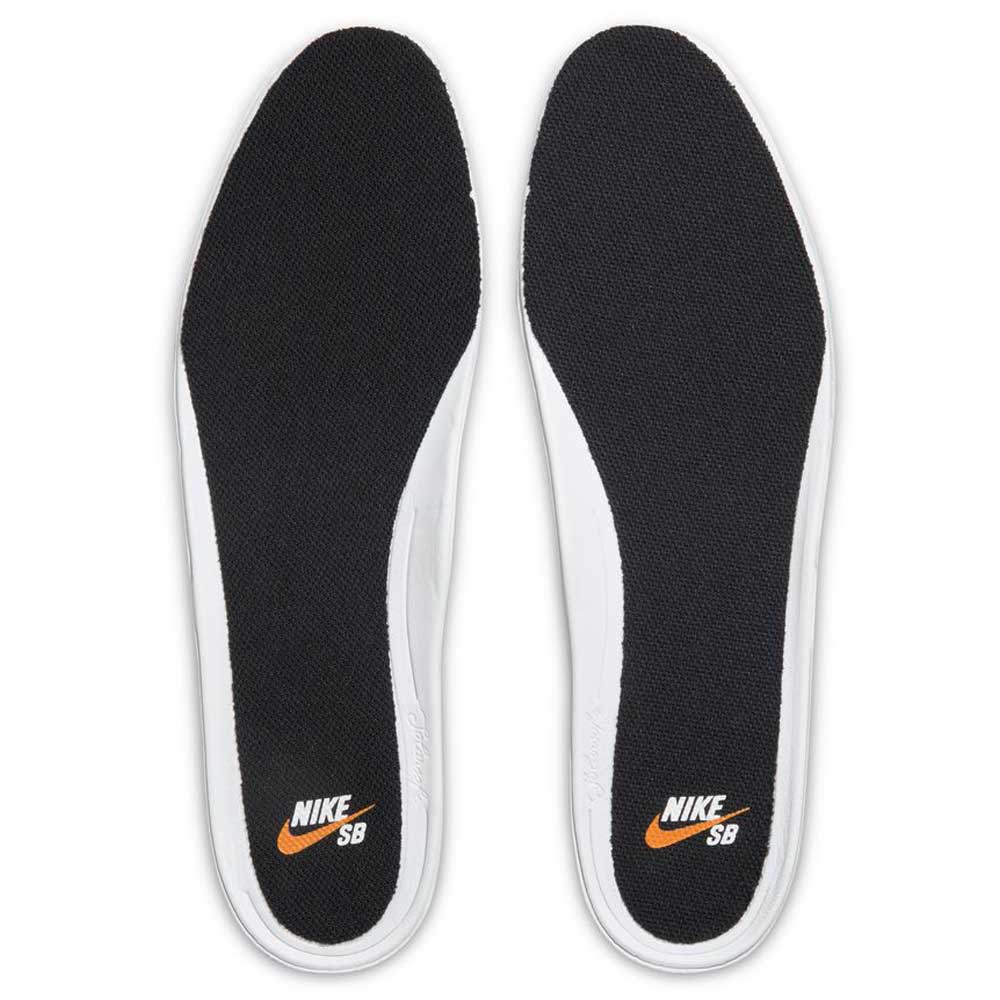 Enhance your Nike SB FC Classic Black Vivid Orange 909096002 suede skateboarding shoes with black insoles featuring white edges and an orange and white Nike SB logo—ideal for upgrading comfort with Solarsoft support.
