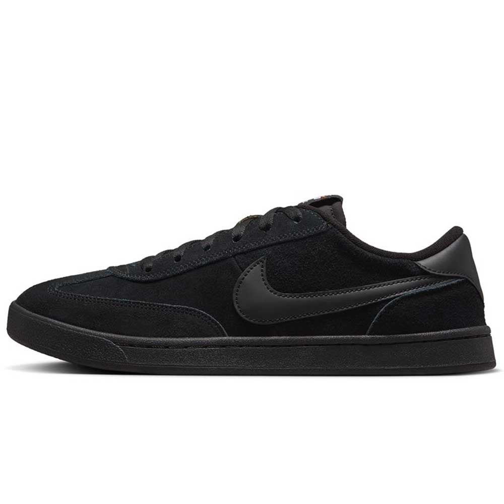 The 909096002 Black Vivid Orange FC Classic Nike SB skate shoe features a black suede low-top upper, black laces, durable rubber sole, iconic black Swoosh, and cushioned Solarsoft insole for comfort.