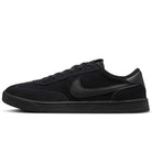 The 909096002 Black Vivid Orange FC Classic Nike SB skate shoe features a black suede low-top upper, black laces, durable rubber sole, iconic black Swoosh, and cushioned Solarsoft insole for comfort.