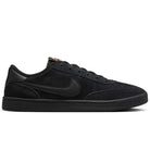 The 909096002 Black Vivid Orange FC Classic Nike SB Suede Skateboarding Shoe is displayed in side profile, featuring a black upper, black swoosh logo, black laces, and black sole against a white background.