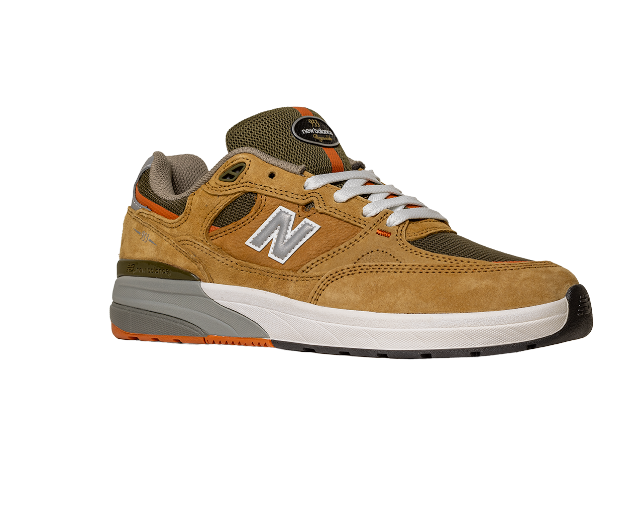 The 933 MNO Andrew Reynolds Brown Grey New Balance Numeric Skateboarding Shoes feature suede and mesh, white laces, a white and gray sole, orange accents, and a silver N logo—shown on a plain white background.