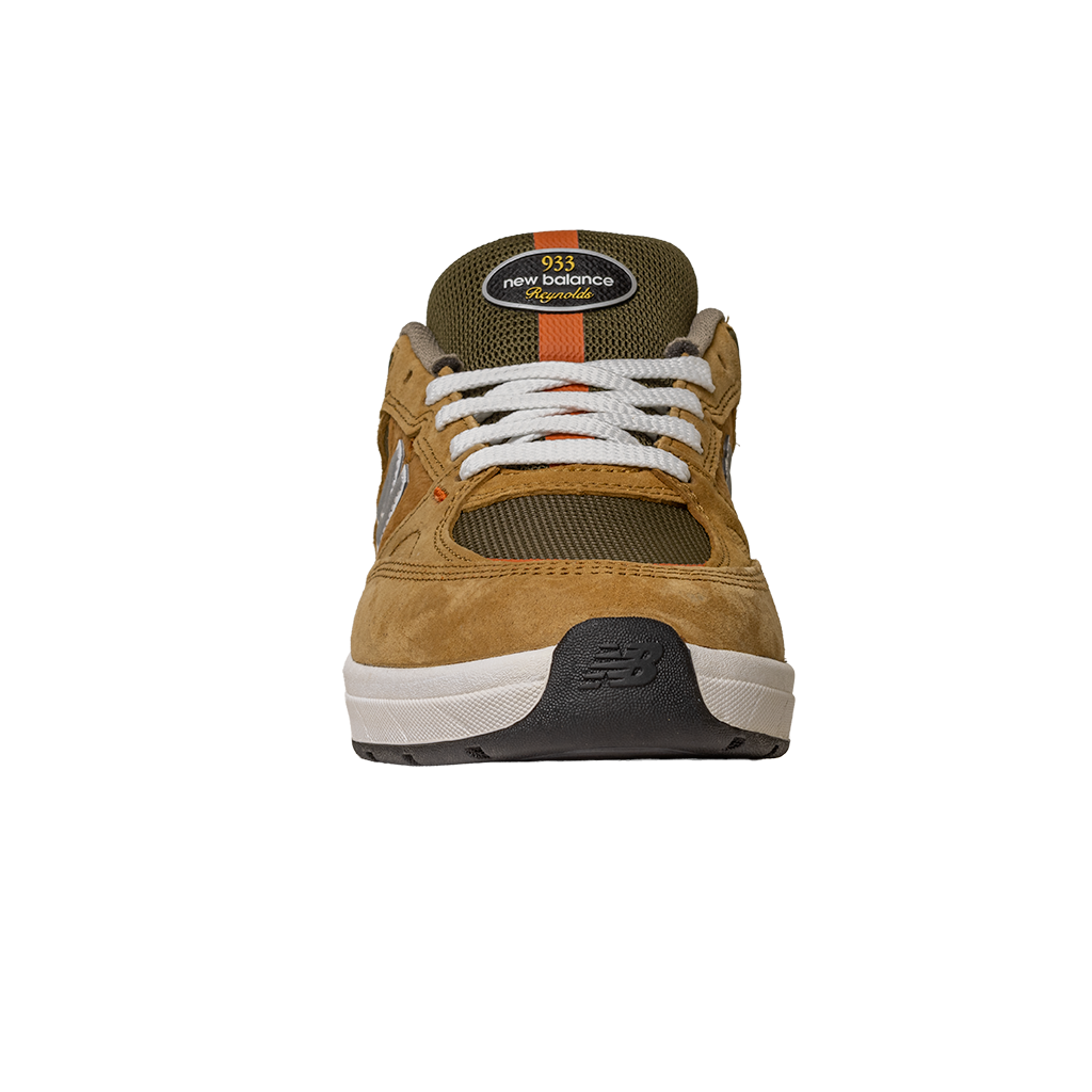 A front view of the 933 MNO Andrew Reynolds Brown Grey New Balance Numeric Skateboarding Shoes Suede, featuring white laces, a black and tan rubber sole, and the New Balance logo on the tongue—inspired by pro skater Andrew Reynolds.
