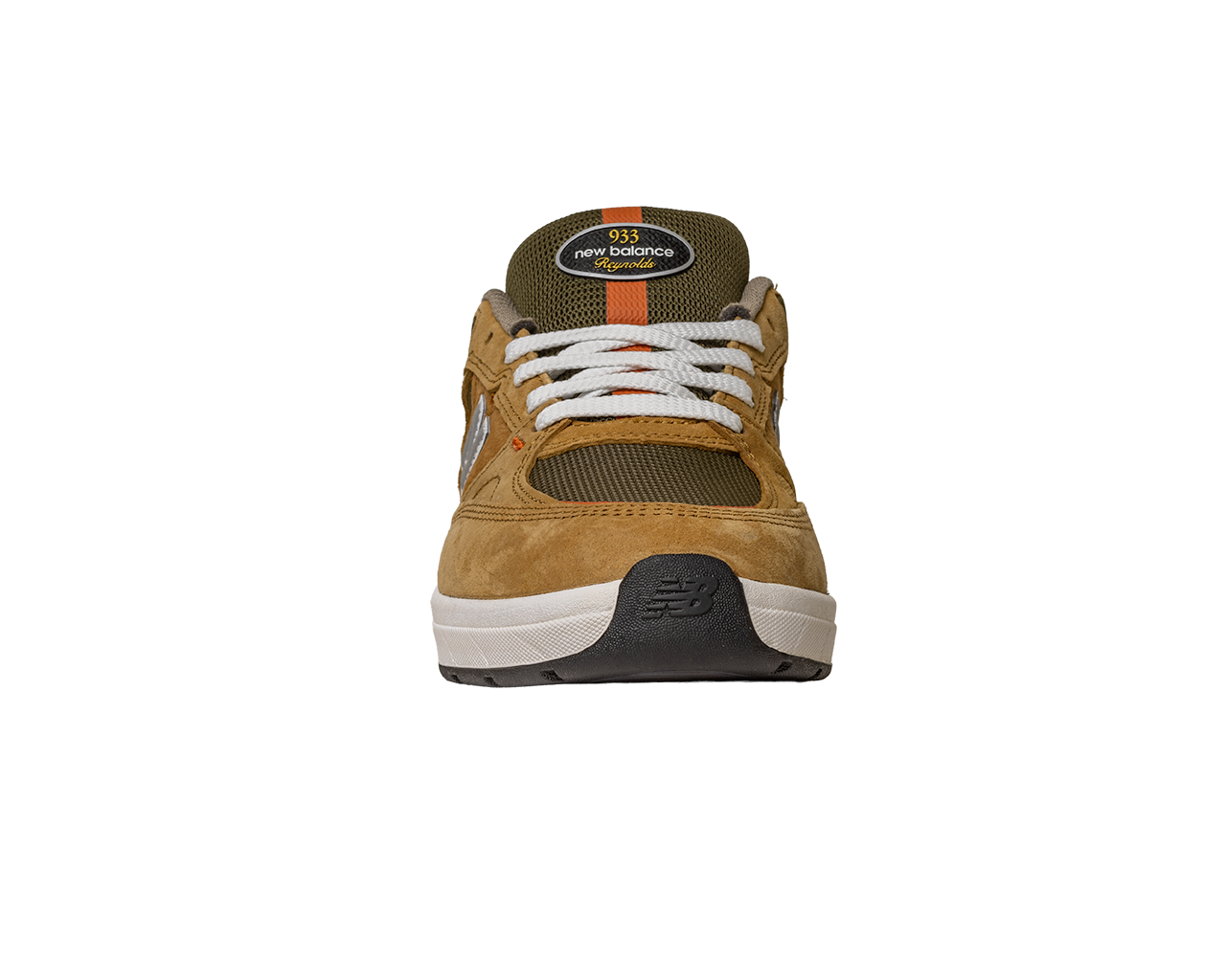 A front view of the 933 MNO Andrew Reynolds Brown Grey New Balance Numeric Skateboarding Shoes Suede, featuring white laces, a black and tan rubber sole, and the New Balance logo on the tongue—inspired by pro skater Andrew Reynolds.