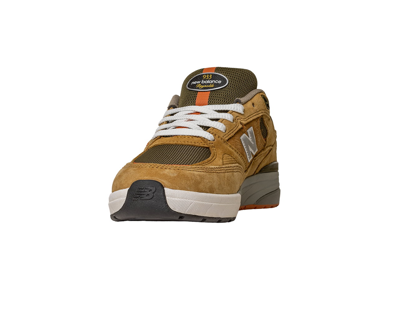 The 933 MNO Andrew Reynolds Brown Grey New Balance Numeric Skateboarding Shoes feature suede overlays, mesh panels, white laces, and a gray and black sole, showcased from the front against a plain white background.