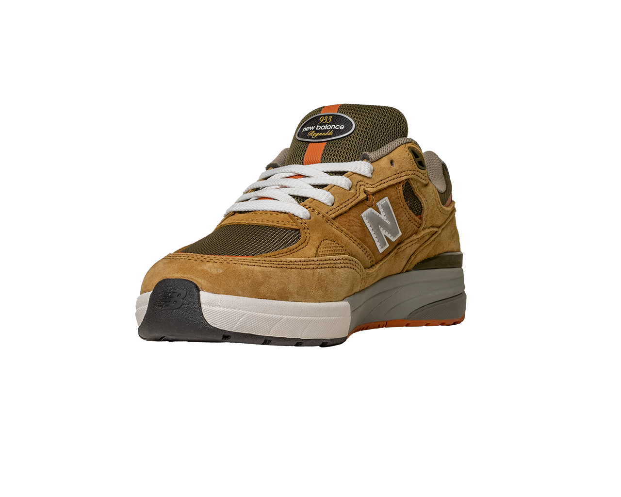 The 933 MNO Andrew Reynolds Brown Grey New Balance Numeric Skateboarding Shoes Suede feature a tan and olive design with white laces, gray sole, orange accents, and an N logo, shown on a plain white background.