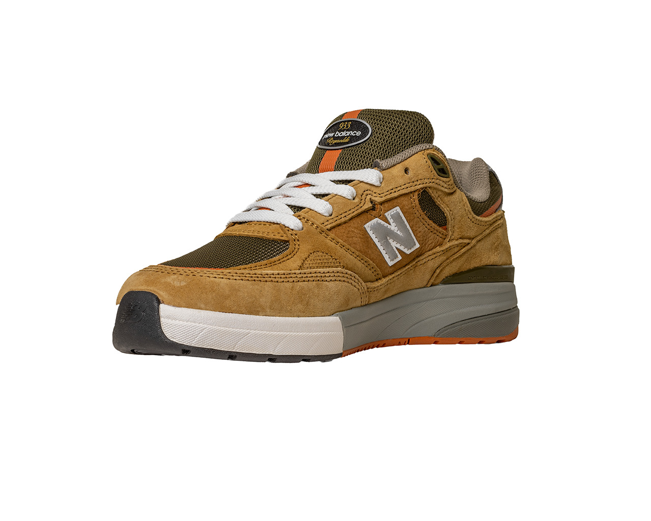 The 933 MNO Andrew Reynolds Brown Grey New Balance Numeric Skateboarding Shoes Suede feature brown and olive green suede, white laces, a white N logo, and a grey-orange sole, shown on a plain white background.