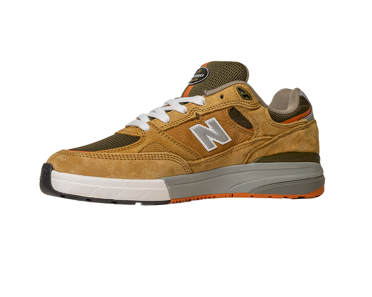 The 933 MNO Andrew Reynolds Brown Grey New Balance Numeric Skateboarding Shoes feature brown and tan suede, white laces, a grey midsole, orange outsole, and white "N" logo, shown on a plain white background.