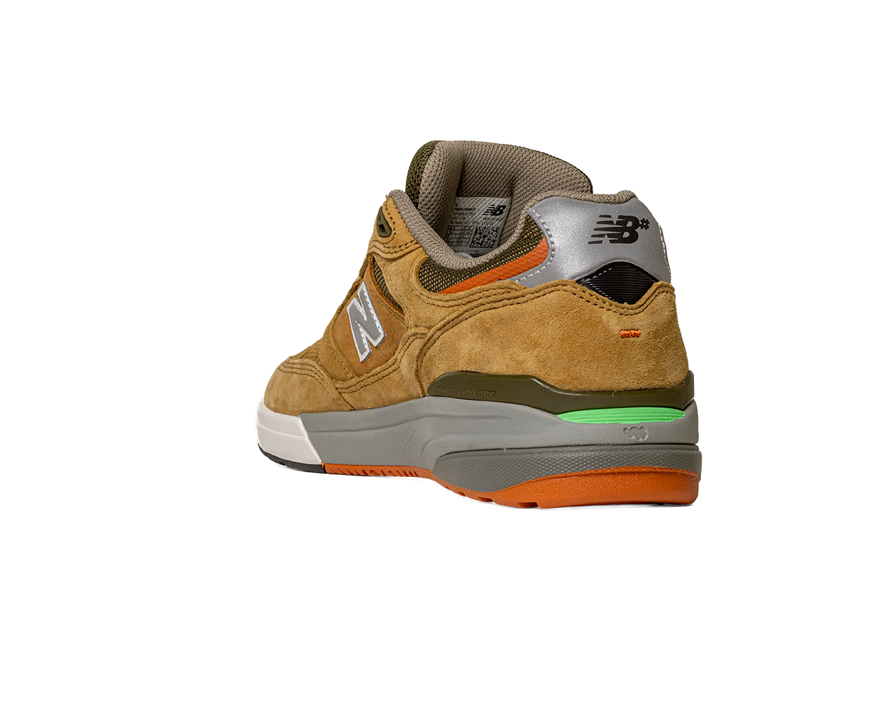 The 933 MNO Andrew Reynolds Brown Grey New Balance Numeric Skateboarding Shoes feature tan suede, a gray and silver heel, orange and green accents, a light brown midsole, and the NB logo on the heel tab.