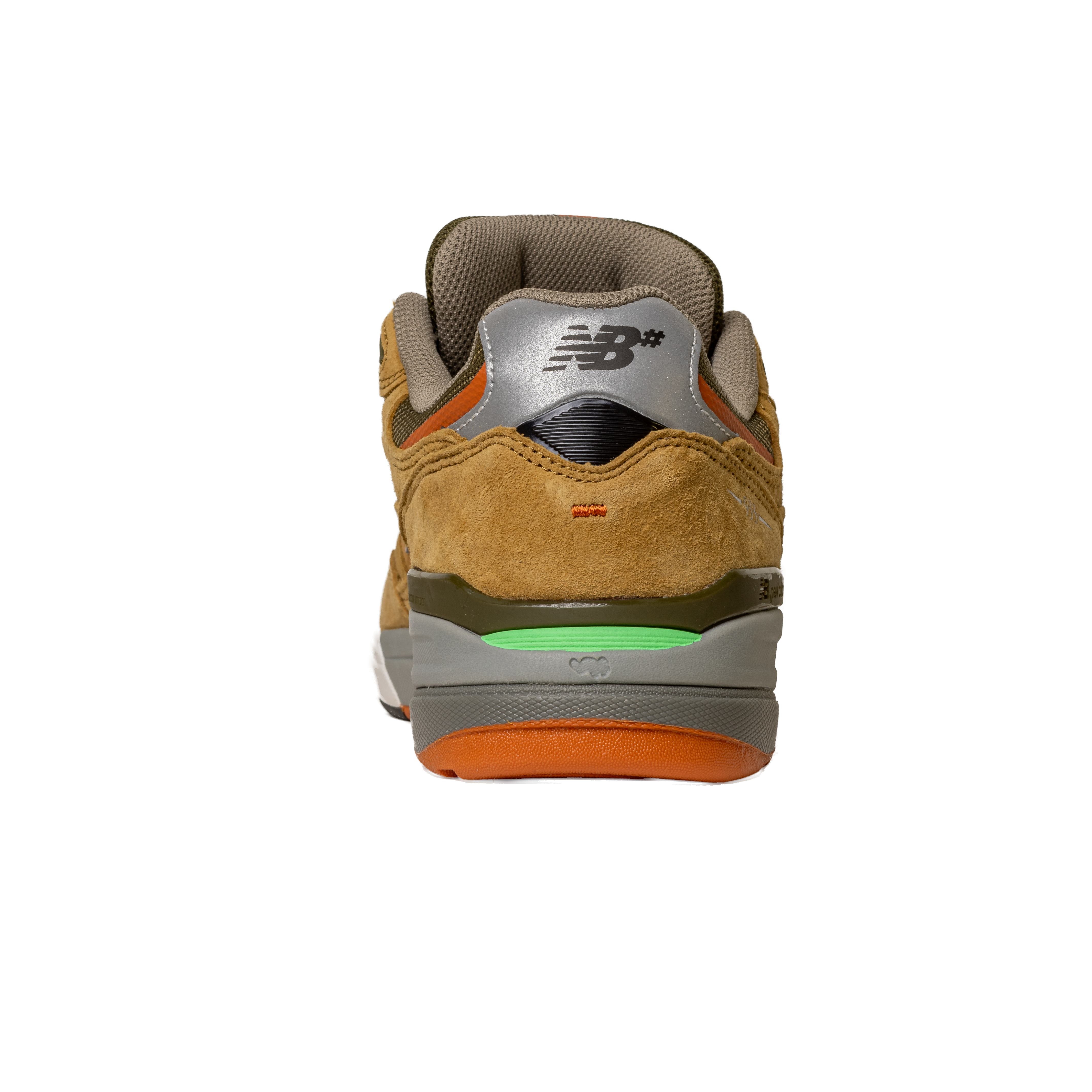 A rear view of the 933 MNO Andrew Reynolds Brown Grey New Balance Numeric Skateboarding Shoe features brown suede, gray accents, orange sole details, a reflective silver heel tab with the New Balance logo, and a small green detail above the sole.