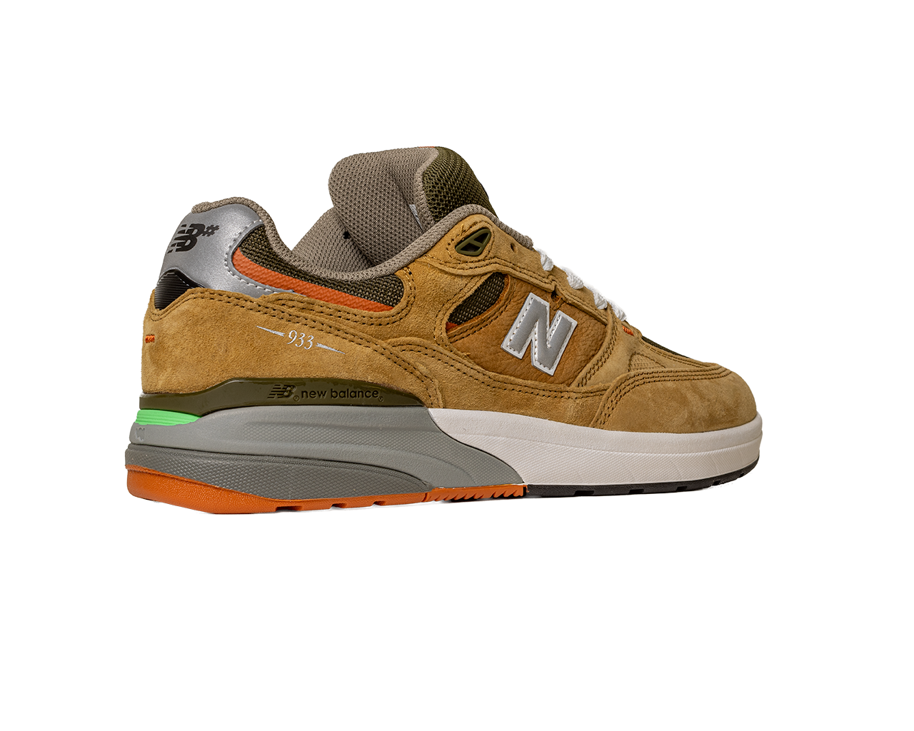 The 933 MNO Andrew Reynolds Brown Grey New Balance Numeric Skateboarding Shoes feature brown suede, gray accents, green and orange midsole details, white laces, and a white/gray sole, shown on a plain white background—ideal for skateboarding.