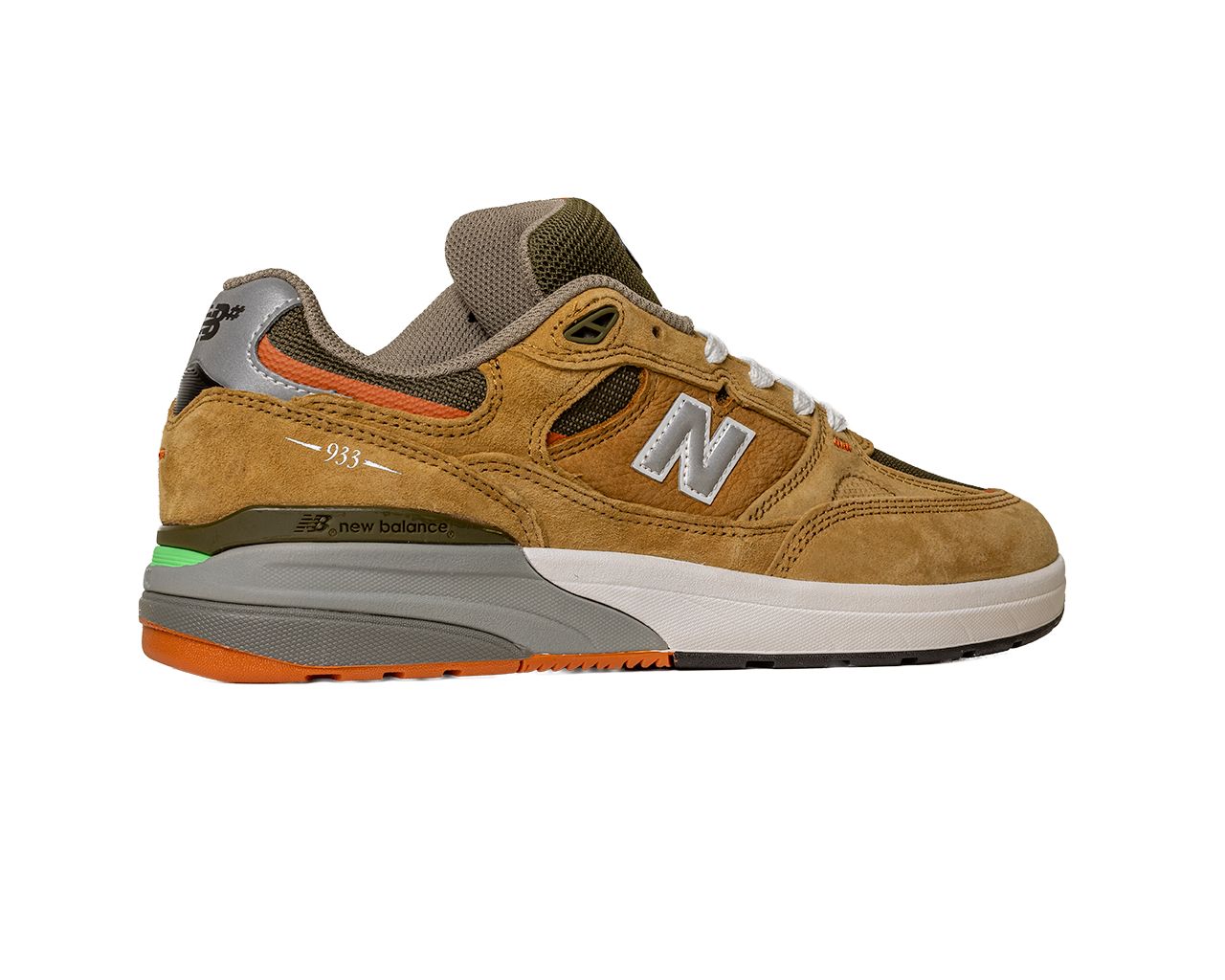 The 933 MNO Andrew Reynolds Brown Grey New Balance Numeric Skateboarding Shoes feature brown and tan suede, orange, green, and gray accents, white laces, a mesh toe box, chunky sole, and a silver N logo with white trim.