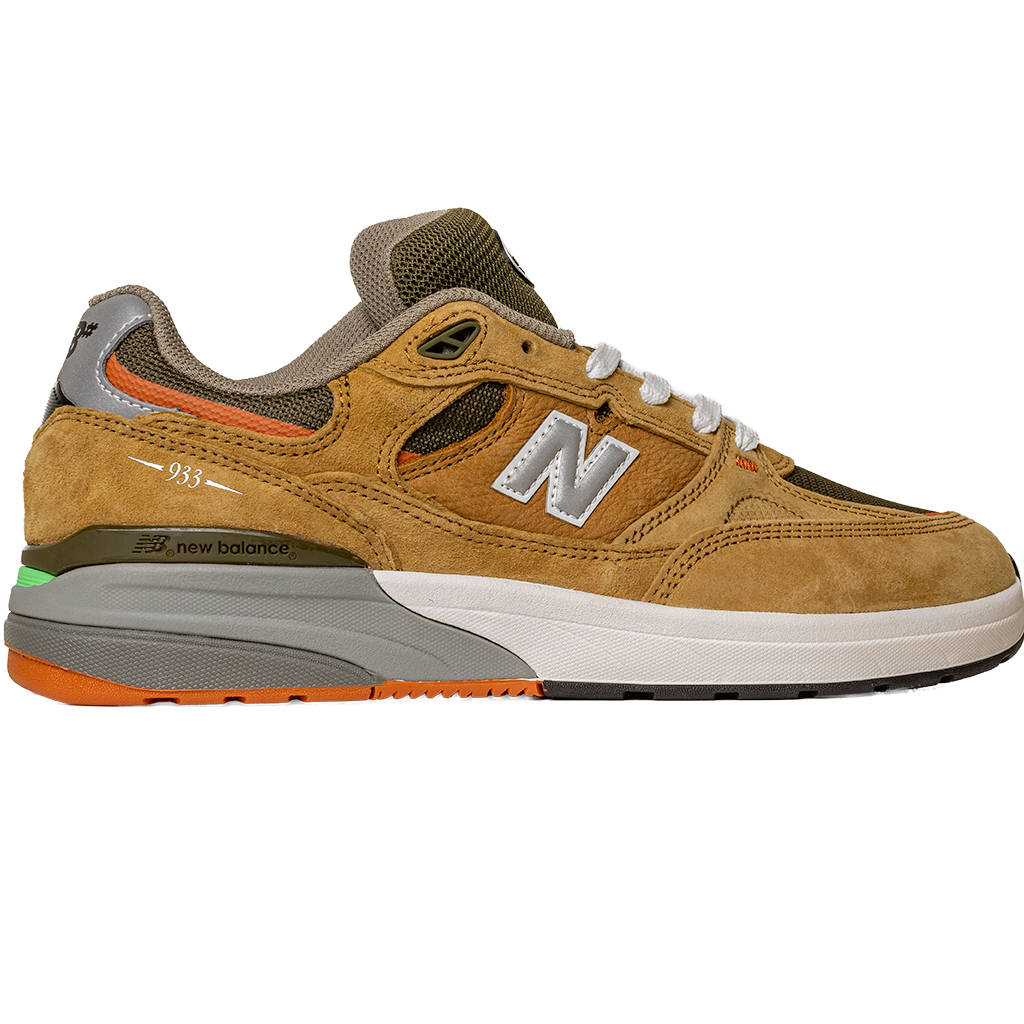 The 933 MNO Andrew Reynolds Brown Grey New Balance Numeric Skateboarding Shoe features brown suede, grey accents, a white midsole, black outsole, and a bold white N logo, inspired by New Balance Numeric skateboarding shoes.
