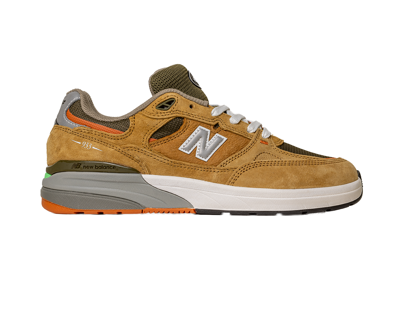 The 933 MNO Andrew Reynolds Brown Grey New Balance Numeric Skateboarding Shoes feature tan suede and mesh uppers, a white N logo, orange and green accents, a white midsole, and gray outsole, shown in profile on a white background.
