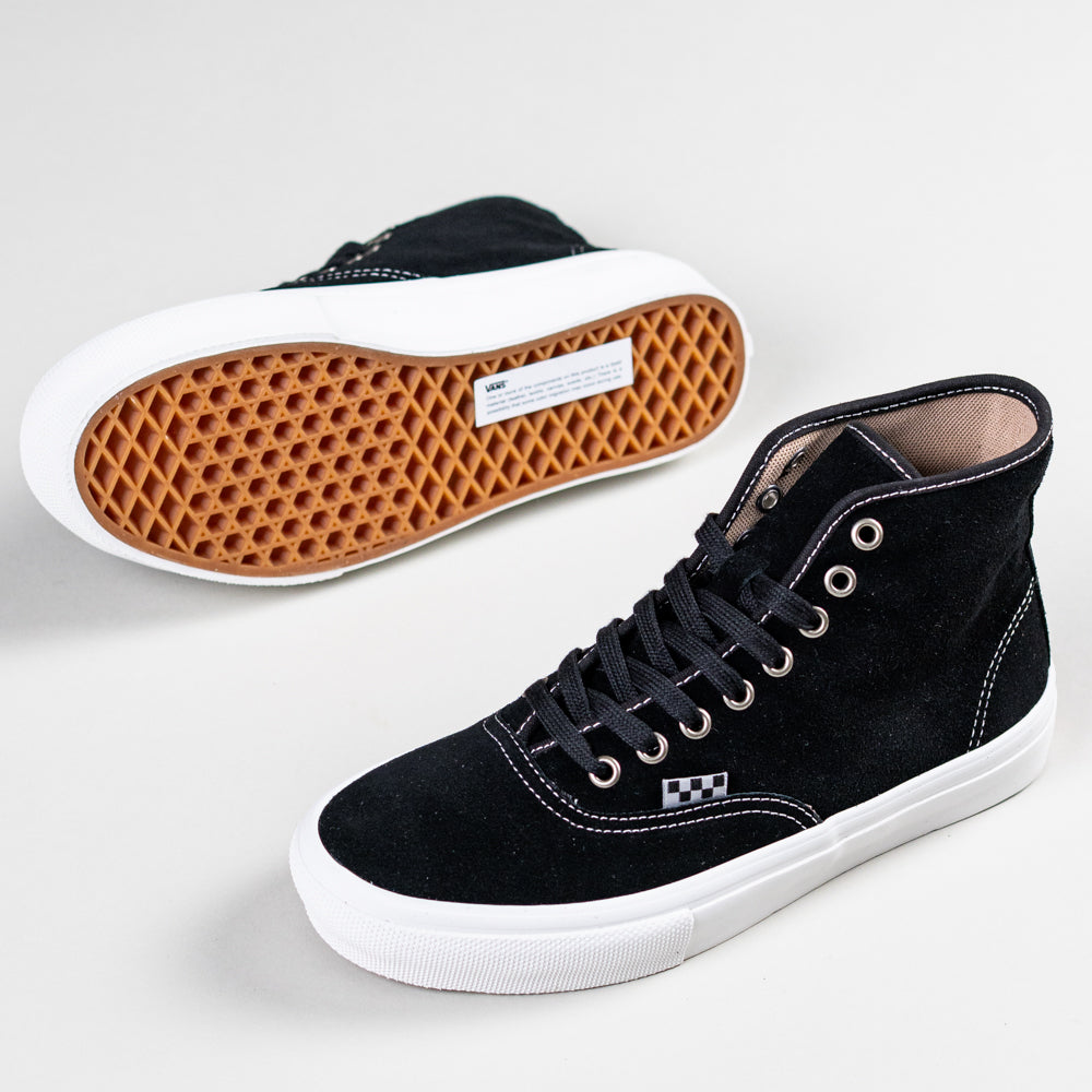 The VN000CBQS471 Authentic High Black Vans Skate Suede Rubber Shoes feature a black high-top design, white soles, black laces, a checkerboard tag, and a brown waffle-patterned sole visible from the shoe lying on its side.