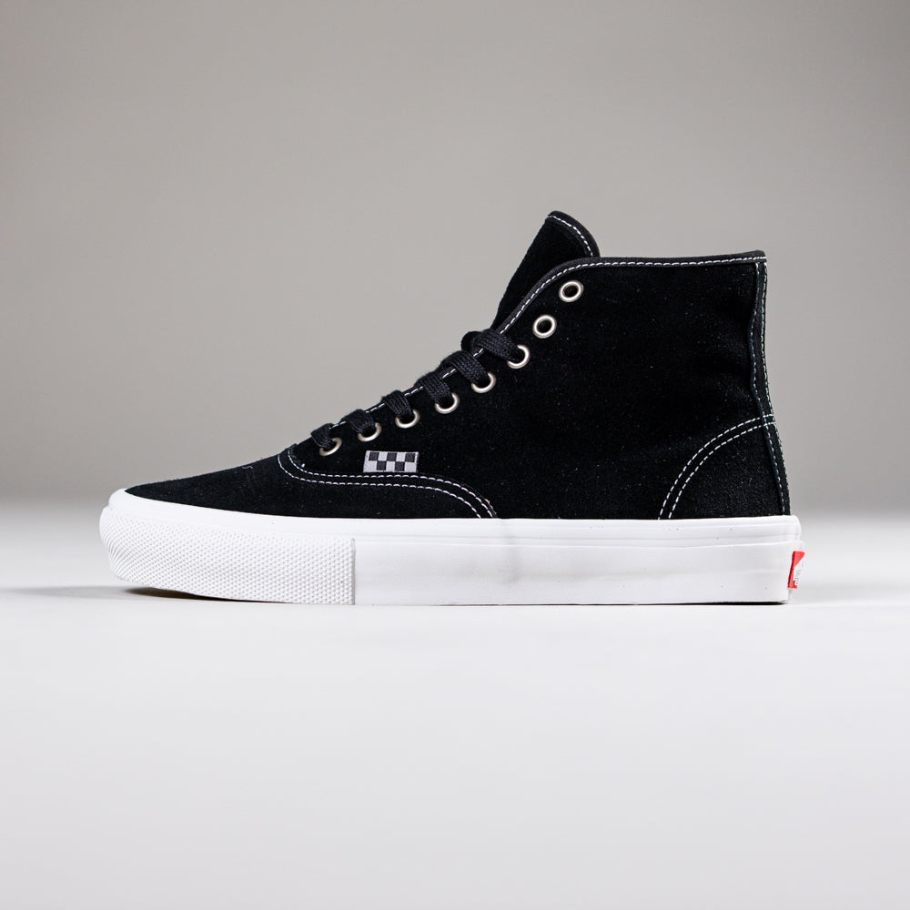 The VN000CBQS471 Authentic High Black Vans Skate Suede Rubber Shoes feature a black high-top design, white stitching, metal eyelets, a white rubber sole, and a black-and-white checkered side detail, shown on a plain gray background.