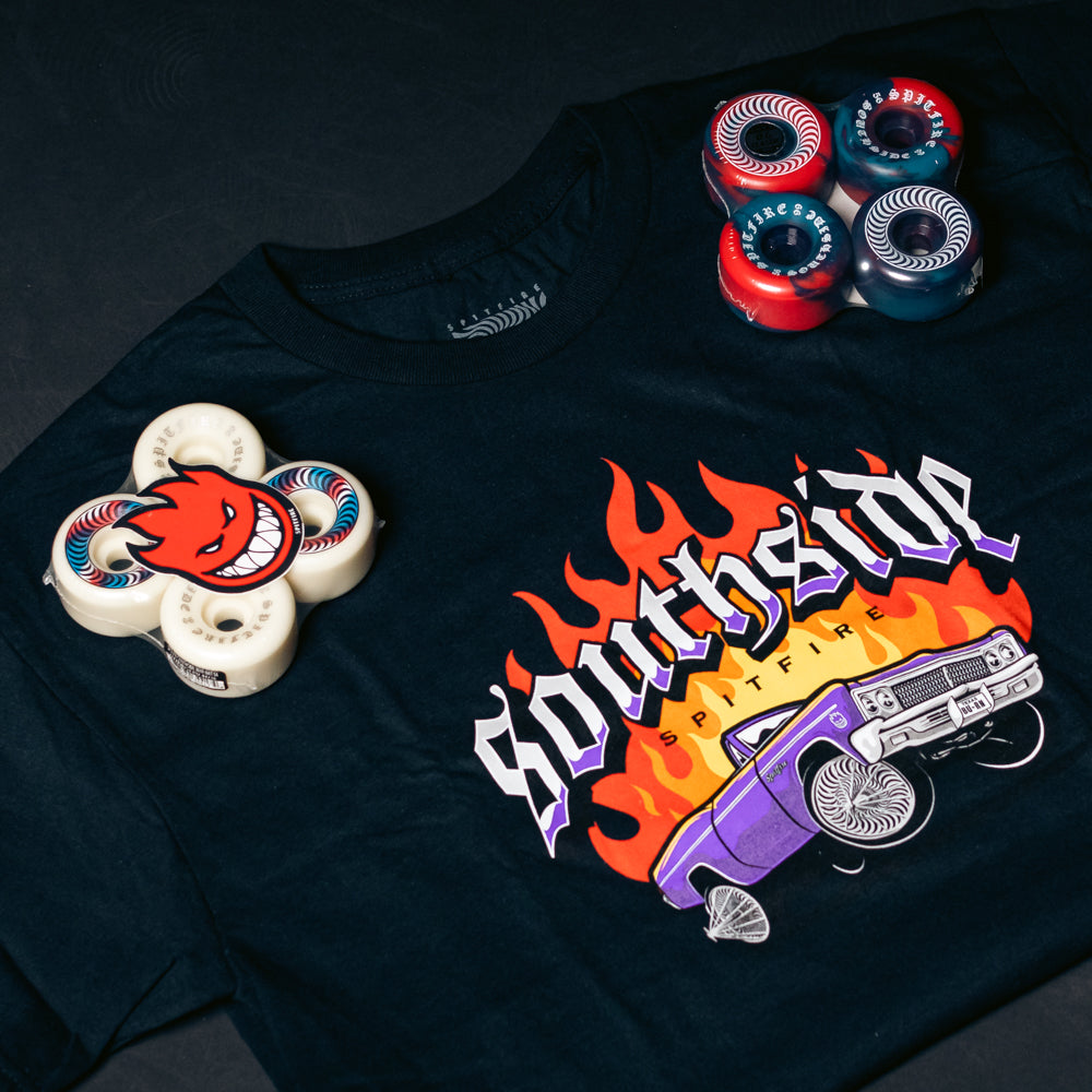 The Free T-Shirt Offer includes F4 OG Classics 54mm99A White Spitfire Wheels and a free Spitfire Tee x Southside Skatepark, featuring bold graphics—perfect for your next session.