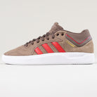 The JR9499 Earth Color Tyshawn Adidas Skateboarding suede shoe features red stripes, brown laces, a white cupsole, and TYSHAWN in gold—part of the Tyshawn Jones line—shown in side profile against a plain background.
