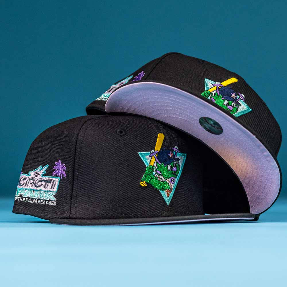 Two black Flamingo and Chill Bo Bundy 2022 Houston Astros New Era 5950 Fitted hats with vibrant embroidery—a cartoon alligator holding a bat in a triangle on one, palm tree patches on the other—are displayed against a blue background.