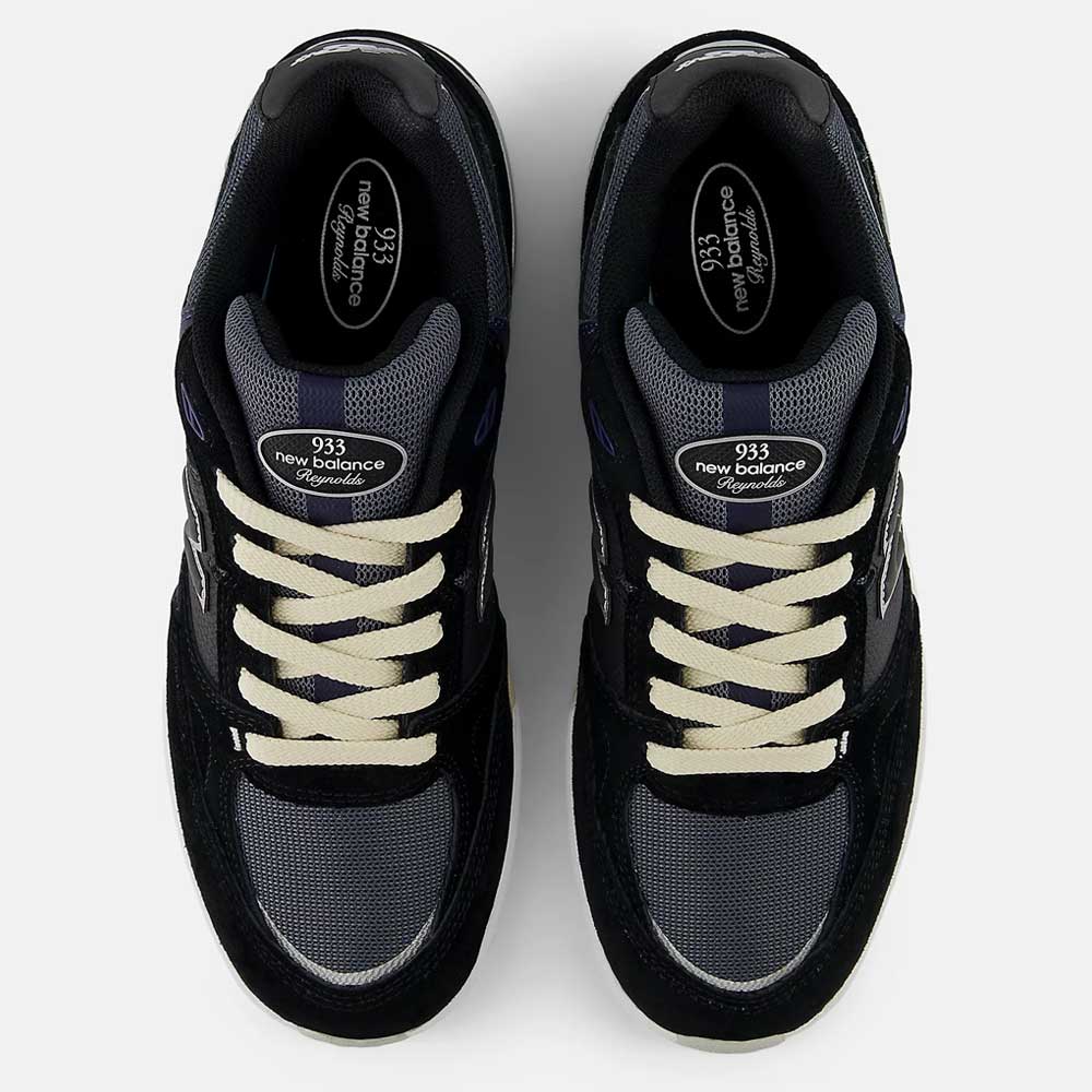 Top view of Black Eclipse 933 BNT Andrew Reynolds New Balance Numeric suede skateboarding shoes featuring cream laces, gray mesh toe boxes, heritage details, iconic logos on sides and tongue, and ABZORB cushioning for comfort.