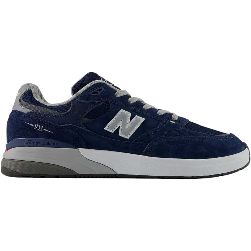 A navy slate gray 933 LNV Andrew Reynolds New Balance Numeric suede skateboarding shoe with gray accents, a white sole featuring advanced cushioning, and the signature N logo on the side, shown in a side profile view against a white background.