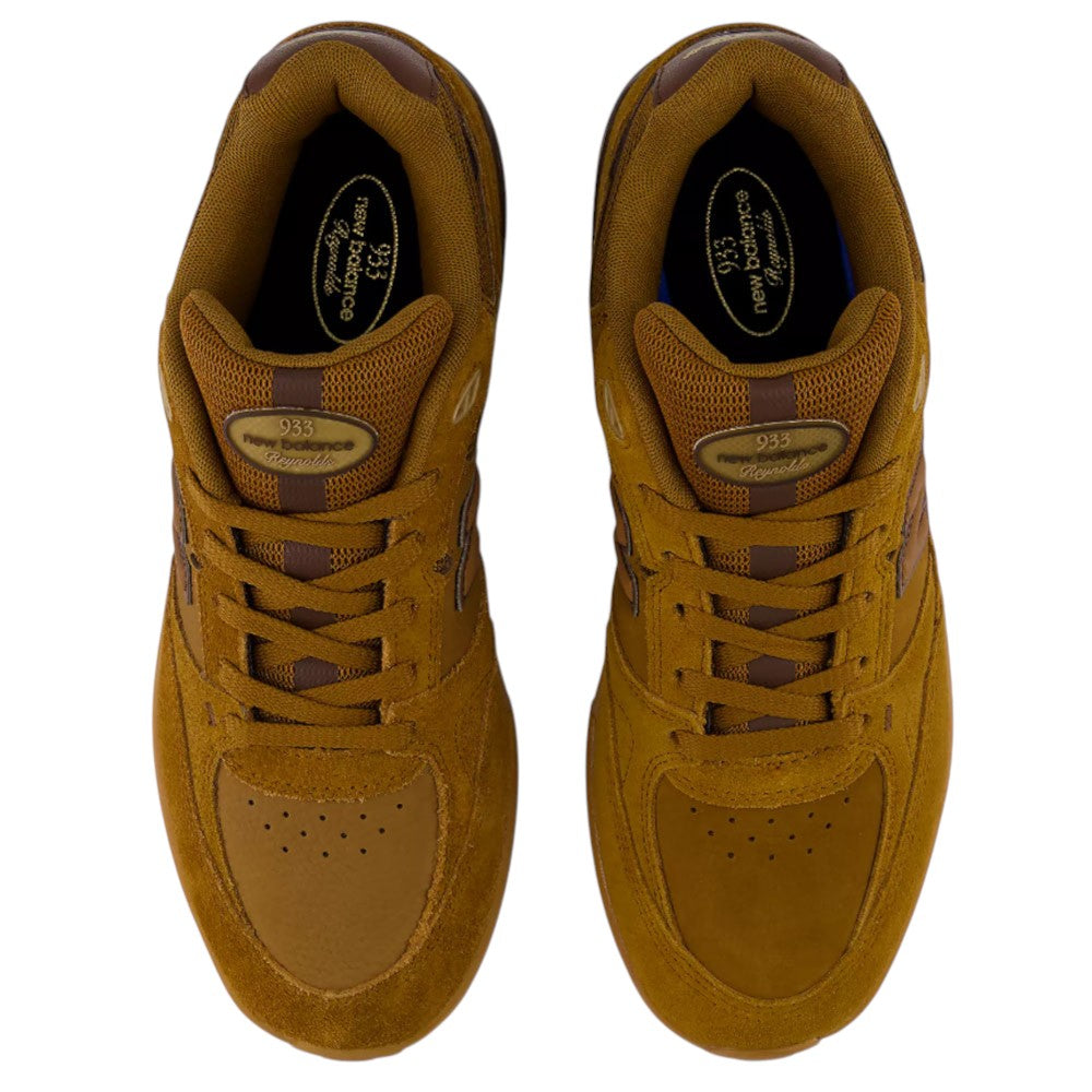 Pair of brown 933 LRO Andrew Reynolds New Balance Numeric Suede Skateboarding Shoes viewed from above, highlighting details of the laces, suede uppers, subtle leather accents, and signature branding on the tongue—a classic skate-inspired heritage design featuring premium materials for durability and comfort.